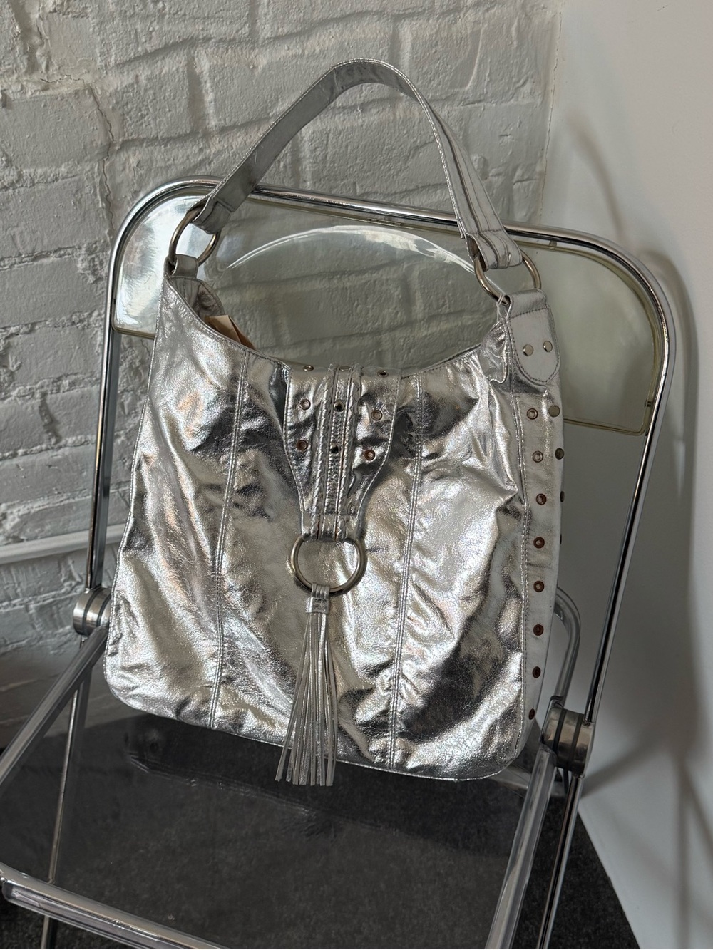 Y2K ICING Silver Metallic Tassel Hobo Bag - Women's Shoulder Bag